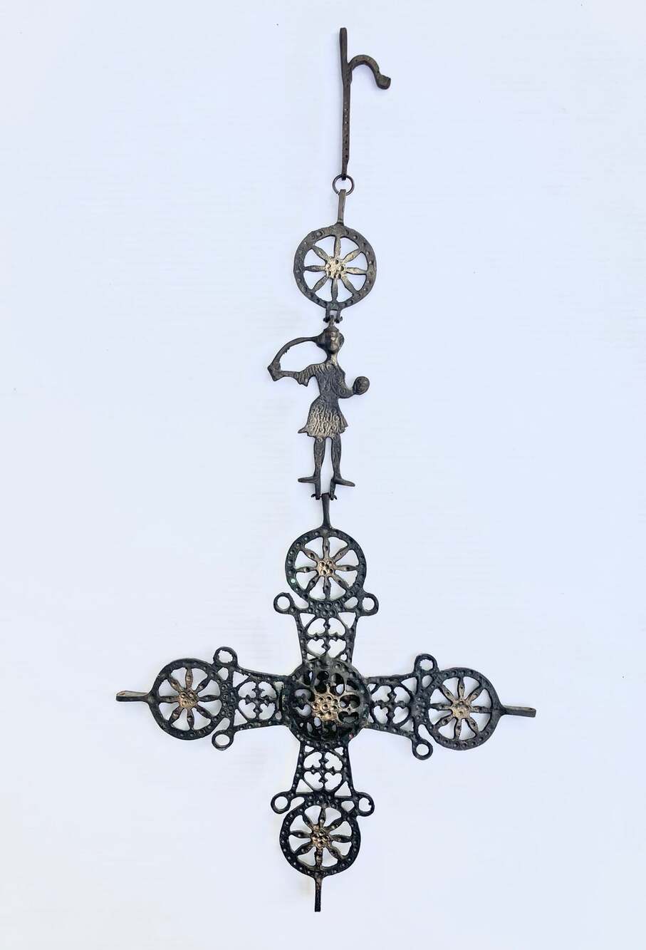 Vtg Metal Hanging Cross Large 26” Byzantine Greek Ornate Rustic Brass Openwork